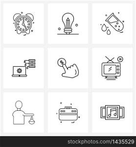 Mobile UI Line Icon Set of 9 Modern Pictograms of hand, coin, test-tube, creating network, network setting Vector Illustration