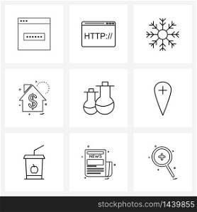 Mobile UI Line Icon Set of 9 Modern Pictograms of hydrate, home, flake, dollar sign, business Vector Illustration