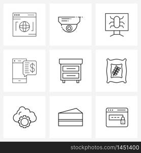 Mobile UI Line Icon Set of 9 Modern Pictograms of locker, money, monitor, mobile, financial Vector Illustration