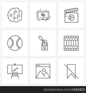 Mobile UI Line Icon Set of 9 Modern Pictograms of manicure, game, cinema, sports, ball Vector Illustration