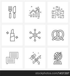 Mobile UI Line Icon Set of 9 Modern Pictograms of network, love, ratio, lipstick, beauty Vector Illustration