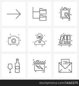 Mobile UI Line Icon Set of 9 Modern Pictograms of profile, avatar, text, photo graph, camera Vector Illustration