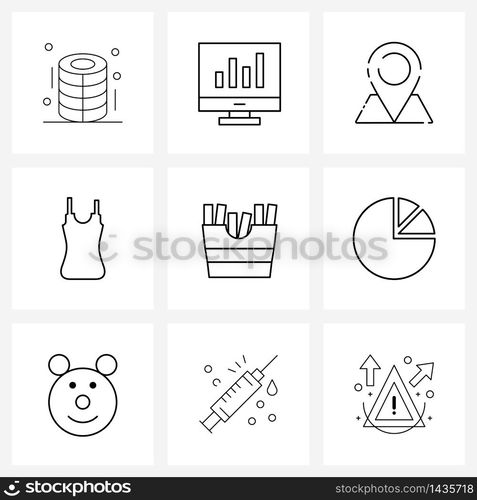 Mobile UI Line Icon Set of 9 Modern Pictograms of stick, food, navigation, eat, dress Vector Illustration