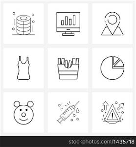 Mobile UI Line Icon Set of 9 Modern Pictograms of stick, food, navigation, eat, dress Vector Illustration