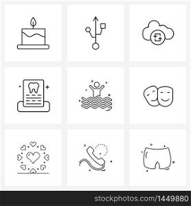 Mobile UI Line Icon Set of 9 Modern Pictograms of swimming pool, purchase, backup, medicine, dental Vector Illustration