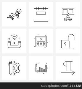 Mobile UI Line Icon Set of 9 Modern Pictograms of unlock, clip montage, video, call Vector Illustration