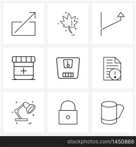 Mobile UI Line Icon Set of 9 Modern Pictograms of weight, medicine, arrows, health, medical Vector Illustration