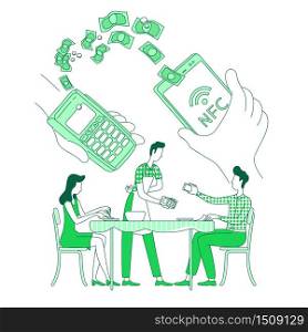 Mobile wallet, contactless payment thin line concept vector illustration. Person paying bill with smartphone 2D cartoon character for web design. NFC, epayment, money transaction creative idea