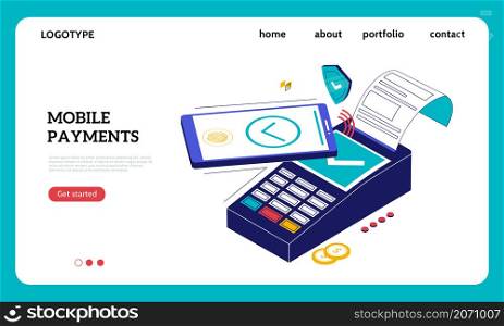 Mobile wallet landing page. Wireless money transfer and smartphone POS terminal payment operation. Online credit card. Digital transaction for bills paying. Vector financial website interface template. Mobile wallet landing page. Money transfer and smartphone POS terminal payment operation. Online credit card. Digital transaction for bills paying. Vector financial website template