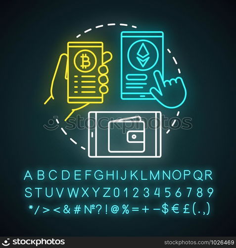 Mobile wallet neon light concept icon. Smartphone app idea. Carrying credit card information on electronic device. Glowing sign with alphabet, numbers and symbols. Vector isolated illustration