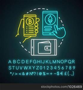 Mobile wallet neon light concept icon. Smartphone app idea. Carrying credit card information on electronic device. Glowing sign with alphabet, numbers and symbols. Vector isolated illustration