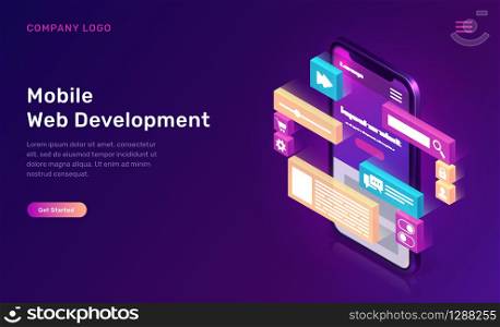 Mobile web development isometric concept vector illustration. Landing page template for creating customize smartphone website design, interface, phone screen with 3D icons on ultraviolet background. Mobile web development isometric concept
