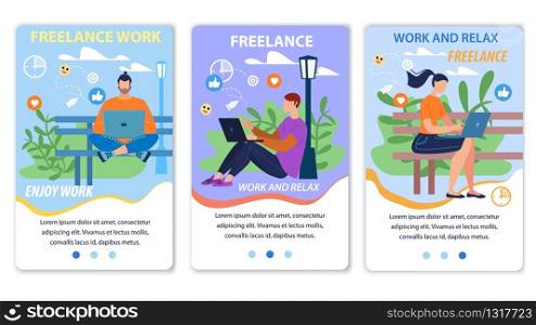 Mobile Webpage Flat Set Promoting Freelance Work. Cartoon People Characters Enjoy Remote Job. Designing, Getting Orders, Meeting Clients on Internet. Online Employment. Vector Flat Illustration. Mobile Webpage Flat Set Promoting Freelance Work