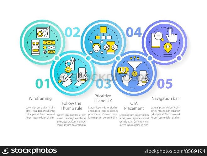 Mobile website development blue circle infographic template. Data visualization with 5 steps. Editable timeline info chart. Workflow layout with line icons. Myriad Pro-Regular font used. Mobile website development blue circle infographic template