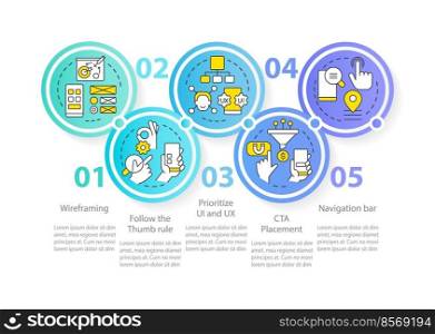 Mobile website development blue circle infographic template. Data visualization with 5 steps. Editable timeline info chart. Workflow layout with line icons. Myriad Pro-Regular font used. Mobile website development blue circle infographic template