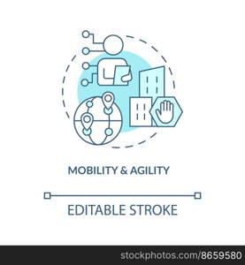 Mobility and agility in business turquoise concept icon. IoT technologies benefits abstract idea thin line illustration. Isolated outline drawing. Editable stroke. Arial, Myriad Pro-Bold fonts used . Mobility and agility in business turquoise concept icon