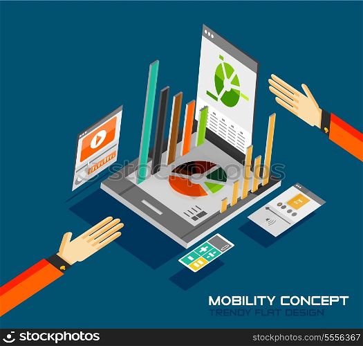 Mobility concept flat design. 3d tablet with graphics, calculator, movie, music concepts