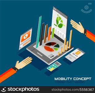 Mobility concept flat design. 3d tablet with graphics, calculator, movie, music concepts