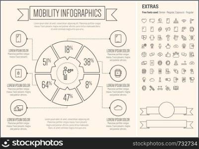 Mobility infographic template and elements. The template includes the following set of icons - rocket, cloud, smartphone, microphone, thumbs-up, thumb mark, wristwatch and more. Modern minimalistic flat thin line vector design. Beige background with grey line elements.. Mobility Line Design Infographic Template