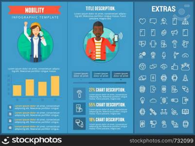 Mobility infographic template, elements and icons. Infograph includes customizable graphs, charts, line icon set with mobile technology, smartphone application, cloud computing, network connection etc. Mobility infographic template, elements and icons.