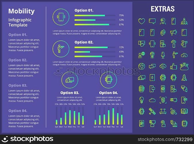 Mobility infographic template, elements and icons. Infograph includes customizable graphs, four options, line icon set with mobile technology, smartphone app, cloud computing, network connection etc.. Mobility infographic template, elements and icons.
