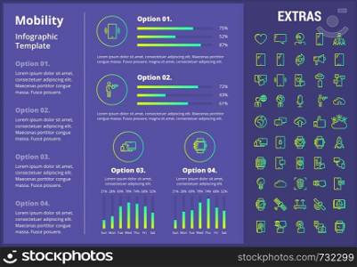 Mobility infographic template, elements and icons. Infograph includes customizable graphs, four options, line icon set with mobile technology, smartphone app, cloud computing, network connection etc.. Mobility infographic template, elements and icons.