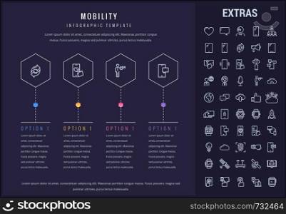 Mobility option infographic template, elements and icons. Infograph includes line icon set with mobile technology, smartphone app, cloud computing, fingerprint scanner, navigation satellite system etc. Mobility infographic template, elements and icons.