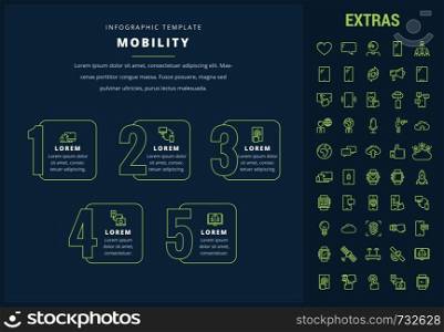 Mobility option infographic template, elements and icons. Infograph includes line icon set with mobile technology, smartphone app, cloud computing, fingerprint scanner, navigation satellite system etc. Mobility infographic template, elements and icons.