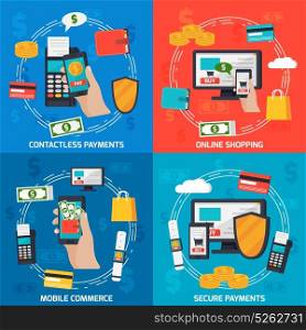 Moblie Payments Design Concept. Mobile commerce orthogonal 2x2 colorful composition with flat images of payment terminal credit card and smartphone vector illustration