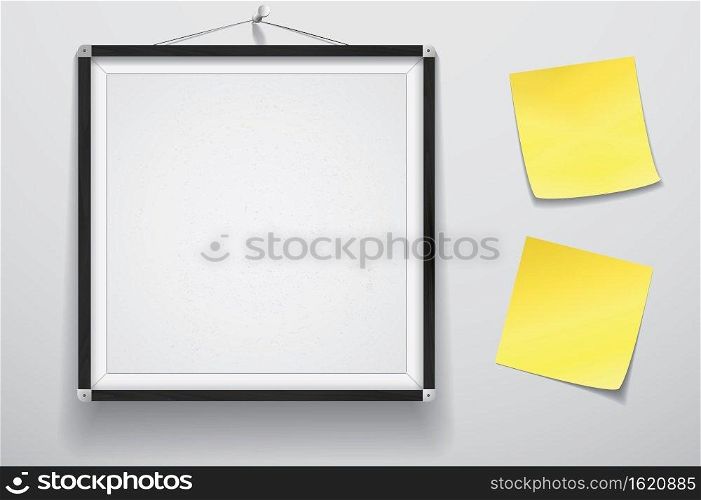Mock up for presentation framed signboard with two yellow stickers hanging on wall, Whiteboard wood frame.. Mock up for presentation framed signboard with two yellow stickers hanging on wall, Whiteboard wood frame