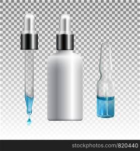Mock up of cosmetic product for catalog, magazine. Vector design of cosmetic package. Natural oil with vitamins or hyaluronic acid. Vector illustration with isolated objects