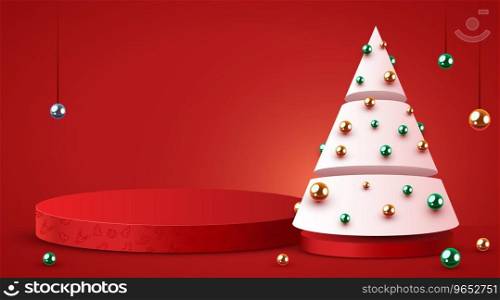 Mock up scene. Podium for cosmetic and product display. Stage pedestal or platform. Winter Christmas red background with xmas tree. Vector illustration. Mock up scene. Podium for cosmetic and product display. Stage pedestal or platform. Winter Christmas red background with xmas tree.