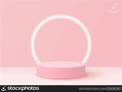 mock up Stage podium decorated with circle shape lighting. Pedestal scene with for product, advertising, show, on light pink background. Valentine concept. Vector illustration. Stage podium with heart
