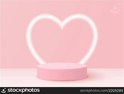 mock up Stage podium decorated with heart shape lighting. Pedestal scene with for product, advertising, show, on light pink background. Valentine concept. Vector illustration. Stage podium with heart