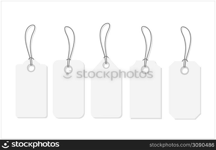 Mockup and template for paper price tag. Set of blank white tags with rope. White shopping labels and price tags in different shapes. Vector illustration . Mockup and template for paper price tag. Set of blank white tags with rope. White shopping labels and price tags in different shapes. Vector