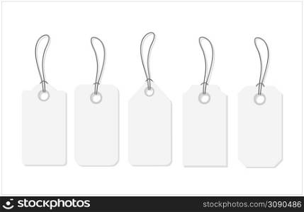 Mockup and template for paper price tag. Set of blank white tags with rope. White shopping labels and price tags in different shapes. Vector illustration . Mockup and template for paper price tag. Set of blank white tags with rope. White shopping labels and price tags in different shapes. Vector