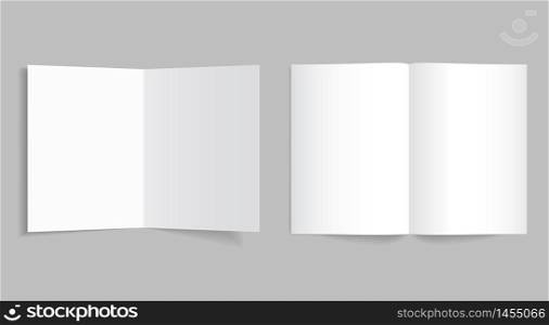 Mockup bi-fold brochure or booklet. White bifold paper cover of flyer for print with shadow. Template leaflet page format of a4, a3, a5. vector eps10. Mockup bi-fold brochure or booklet. White bifold paper cover of flyer for print with shadow. Template leaflet page format of a4, a3, a5. vector illustration