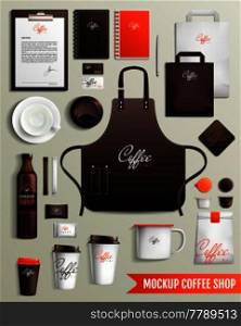Mockup coffee shop design collection with isolated images of branded cardboard cups cover slut and merch vector illustration. Coffee Shop Design Mockup