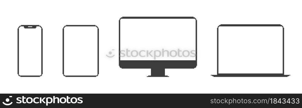 Mockup devices. Pixel images of devices. Mockup devices of phone laptop and tablet. Pixel Art. Vector illustration