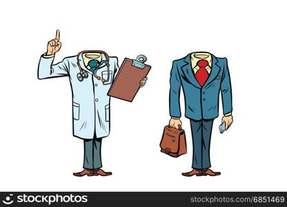 mockup layout without a head doctor and businessman. Comic cartoon style pop art retro vector illustration. mockup layout without a head doctor and businessman