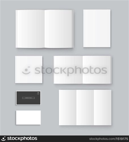 Mockup of book, brochure, business card template isolated on gray background.