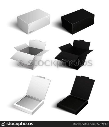 Mockup of cardboards, delivery packs signs. Containers templates vector icons. Boxes and packages made of paper and carton isolated pizza packagings. Containers Templates Vector Icons Boxes Packages
