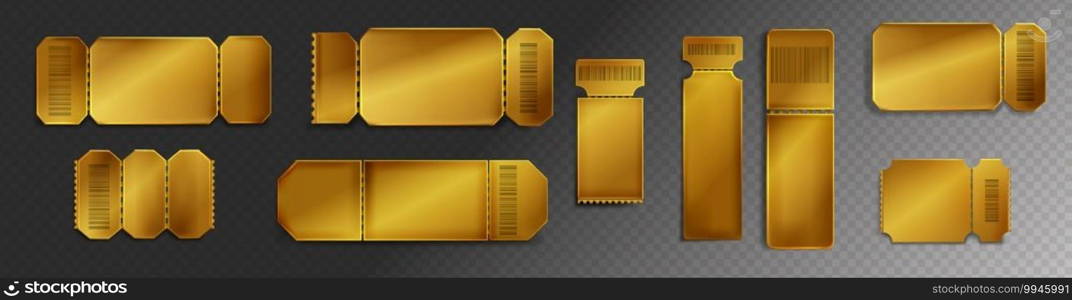 Mockup of gold tickets to movie theater, concert or festival, coupons for gift or invitation. Vector realistic template of blank golden tickets with ribbed edges isolated on transparent background. Mockup of golden tickets to movie theater, concert