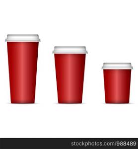 Mockup of red Paper cups for coffee or tea with lid. Realistic 3d vector illustration isolated on white background.. Paper cups for coffee or tea with lid Mockup