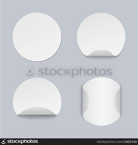 Mockup of white sticker circle shape with curved corner. Set of round adhesive tag. Blank bent sticky label for promotion, sale, offer. Paper sticker template on isolated background. vector eps10. Mockup of white sticker circle shape with curved corner. Set of round adhesive tag. Blank bent sticky label for promotion, sale, offer. Paper sticker template on isolated background. vector