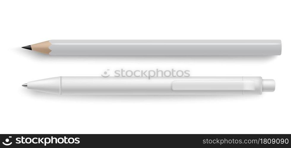 Mockup pen and pencil. Stationery tools for writing or drawing. White objects with shadow above view marketing branding template. Corporate business identity presentation vector realistic isolated set. Mockup pen and pencil. Stationery tools for writing or drawing. White objects with shadow above view marketing branding template. Business identity presentation, vector realistic isolated set