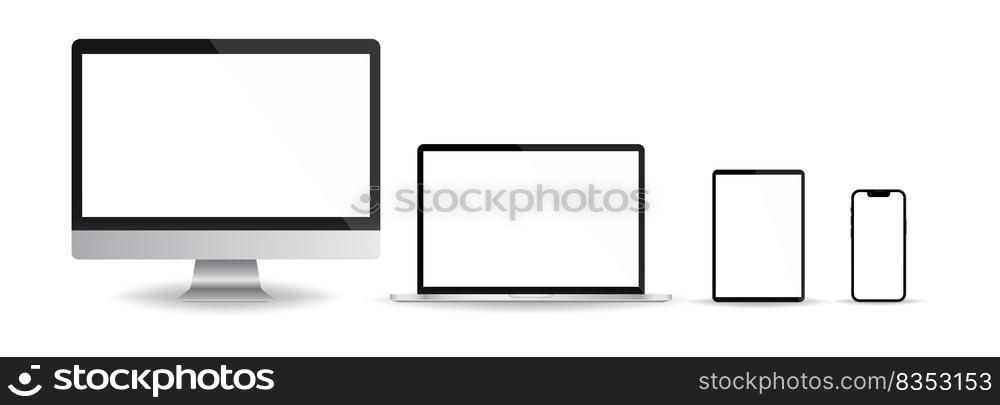 Mockup realistic device. Set of laptop, tablet, computer and phone. Vector illustration. EPS 10.. Mockup realistic device. Set of laptop, tablet, computer and phone. Vector illustration.