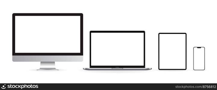 Mockup set of device. Realistic set of Monitor, laptop, tablet, smartphone. Vector illustration