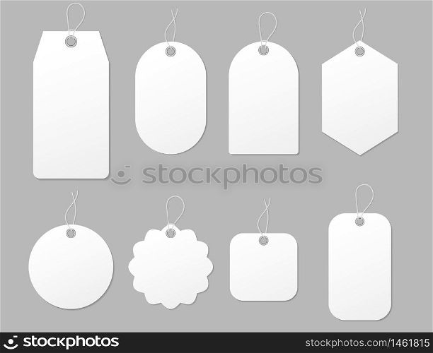 Mockup tag, paper label. Template blank tag for price shopping, hang sale, gift card.Design labels with cord. Round, square shape of hang stamp isolated.Blank paper price for sale.vector eps10. Mockup tag, paper label. Template blank tag for price shopping, hang sale, gift card.Design labels with cord. Round, square shape of hang stamp isolated.Blank paper price for sale.vector