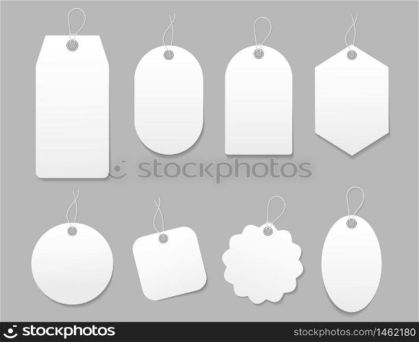 Mockup tag, paper label. Template blank tag for price shopping, hang sale, gift card. Luggage tag with cord. White paper labels with string for hanging. Blank sticker card for sale. Isolated vector. Mockup tag, paper label. Template blank tag for price shopping, hang sale, gift card. Luggage tag with cord. White paper labels with string for hanging. Blank sticker card sale. Isolated vector